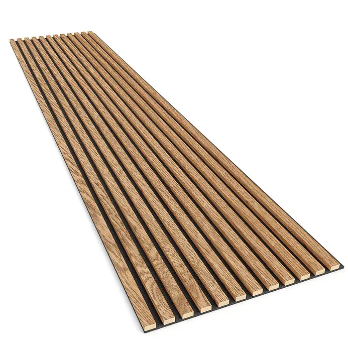 Decorative oak veneer slats mounted on black felt.